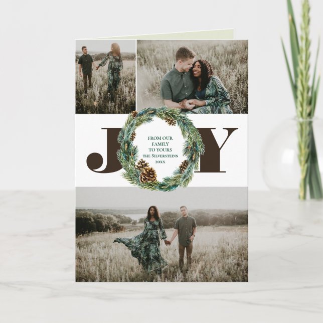 Acorn Wreath 3 Photo Christmas Holiday Folded Card (Front)