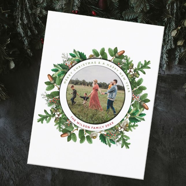 Acorn Wreath Family Photo Christmas & New Year Holiday Postcard (Creator Uploaded)