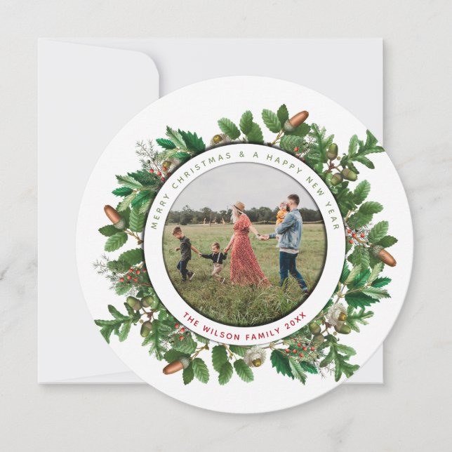 Acorn Wreath Family Photo Round Christmas Card (Front)