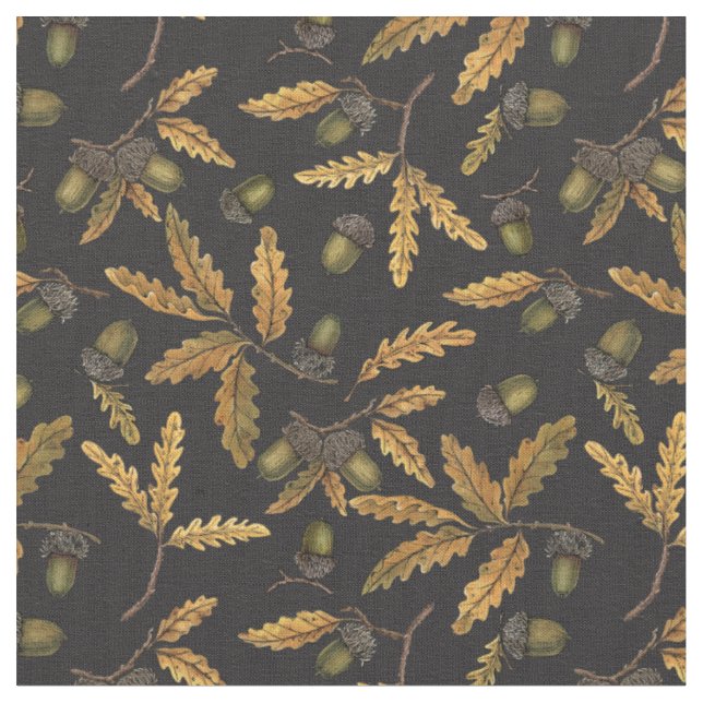 Acorns and oak leaves on black fabric (Close Up)