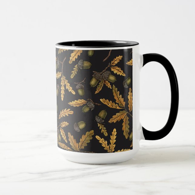 Acorns and oak leaves on black mug (Right)