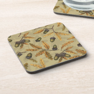 Acorns and oak leaves on ecru coaster