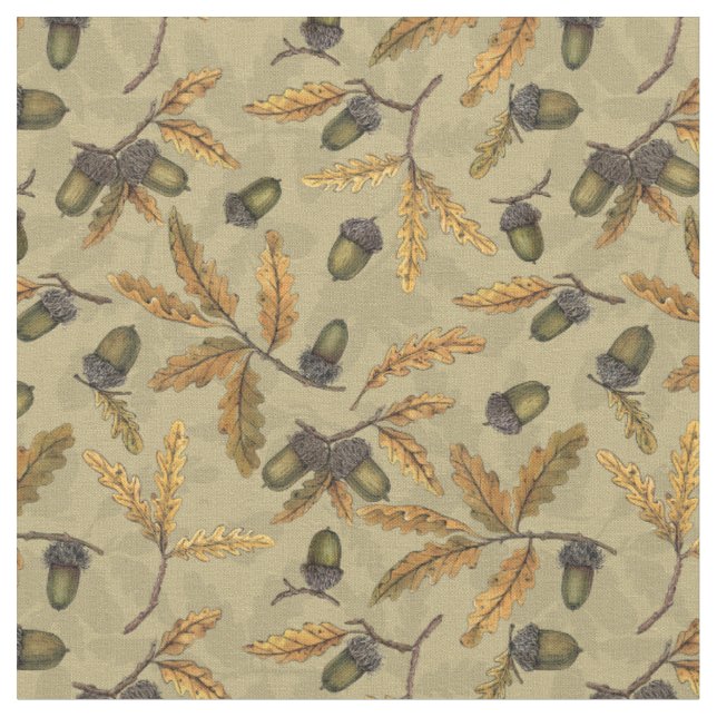 Acorns and oak leaves on ecru fabric (Close Up)