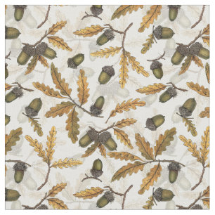 Acorns and oak leaves on off white fabric