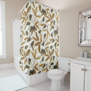 Acorns and oak leaves on off white shower curtain