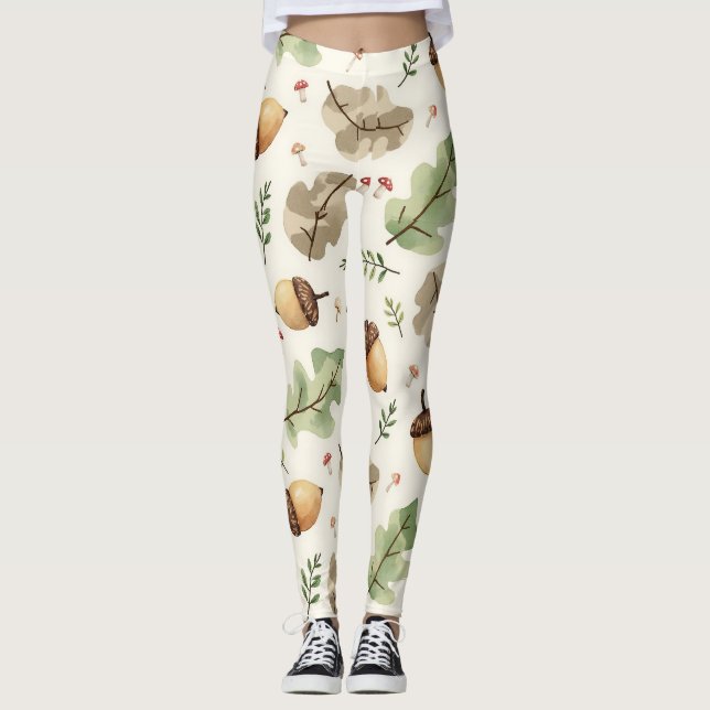 Acorns Mushrooms & Leaves Camouflage Pattern Leggings (Front)