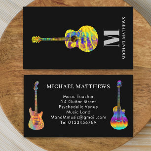 Acoustic electric guitar music teacher Monogram Business Card
