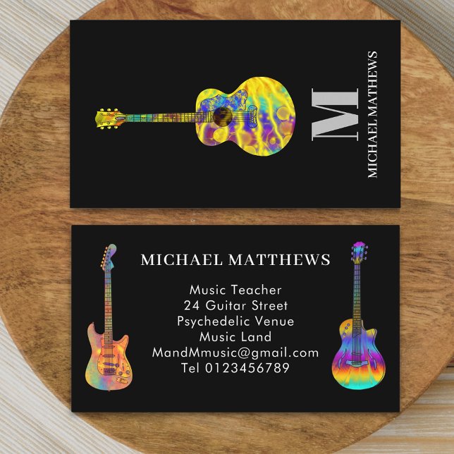 Acoustic electric guitar music teacher Monogram Business Card (Modern guitar music tutor professional musician black Business card Guitarist music teacher)
