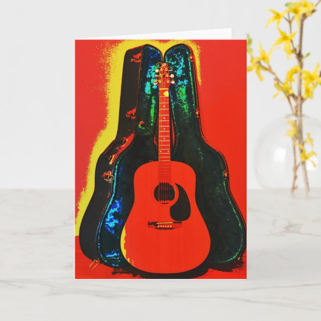 Acoustic Guitar and Case Poster Art Note Card (Yellow Flower)