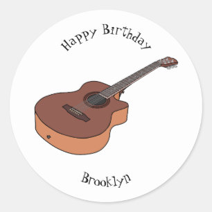 Acoustic guitar cartoon illustration classic round sticker