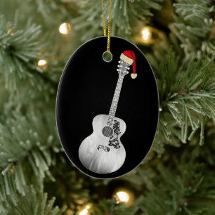 Acoustic Guitar Christmas Black and White Festive  Ceramic Tree Decoration