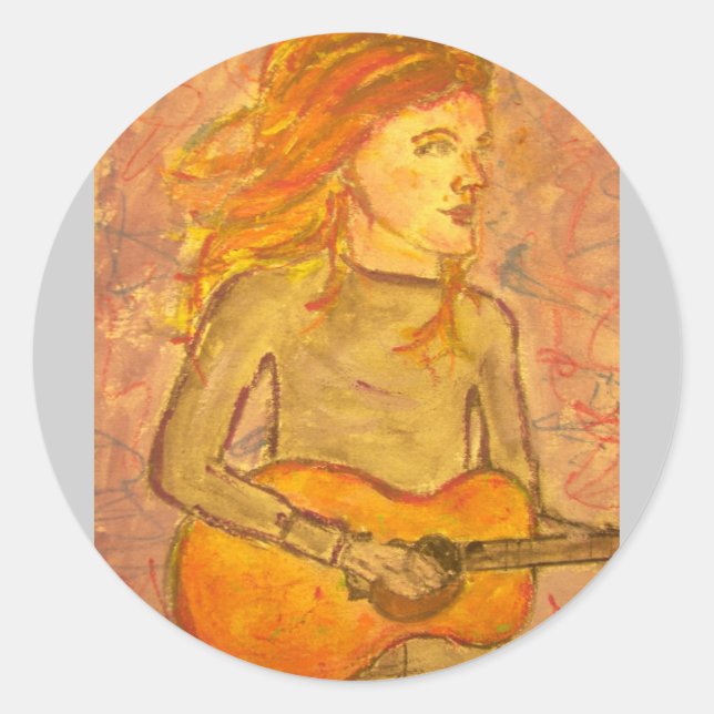 acoustic guitar drawing classic round sticker (Front)