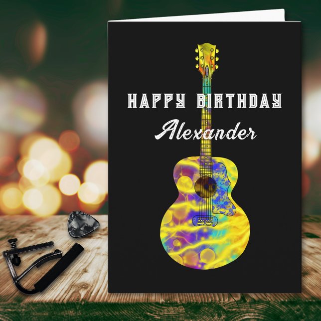 Acoustic Guitar Funky Psychedelic Art add Name Card (Funky psychedelic acoustic guitar art personalized happy birthday greetings card guitarist musician)