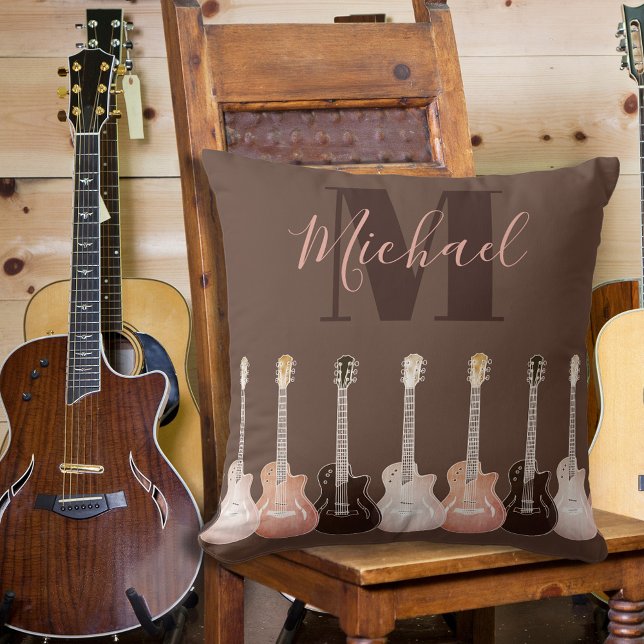 Acoustic guitar illustration brown rustic Monogram Cushion (Guitar rustic brown pattern monogram pillow)