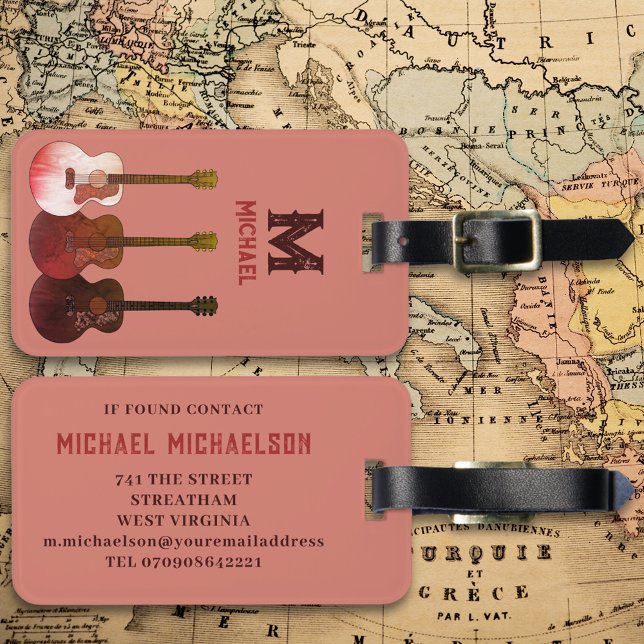 Acoustic Guitar Musician Personalised Luggage Tag (Acoustic guitar monogram country rustic custom travel luggage tag with contact details )