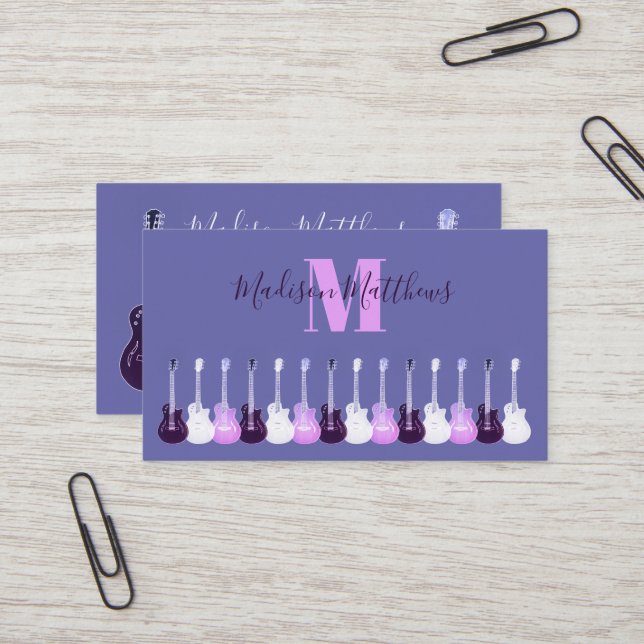 Acoustic guitar purple pink music teacher Monogram Business Card (Front/Back In Situ)