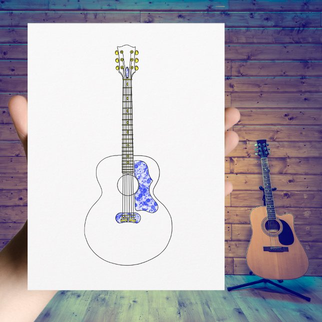 Acoustic Guitar Simple drawing Cool Music Postcard (Simple acoustic guitar black and white line art drawing with blue textured pick guard postcard )