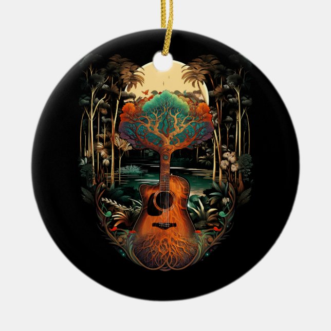 Acoustic Guitar Sunset By The Lake Root Guitarist  Ceramic Tree Decoration (Front)