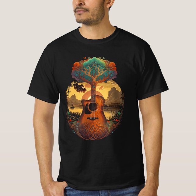 Acoustic Guitar Tree By The Lake Guitarist Sunset  T-Shirt (Front)