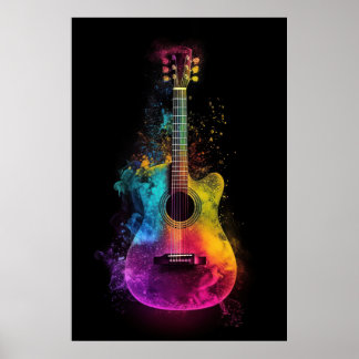 Acoustic guitar with exploding colours  poster