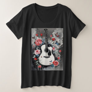 Acoustic Guitar with Roses and Butterflies Plus Size T-Shirt