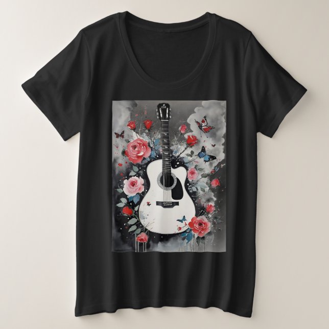 Acoustic Guitar with Roses and Butterflies Plus Size T-Shirt (Design Front)