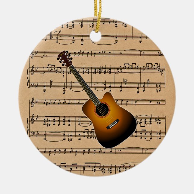 Acoustic Guitar With Sheet Music Background Ceramic Tree Decoration (Front)