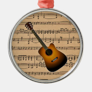 Acoustic Guitar With Sheet Music Background Metal Tree Decoration