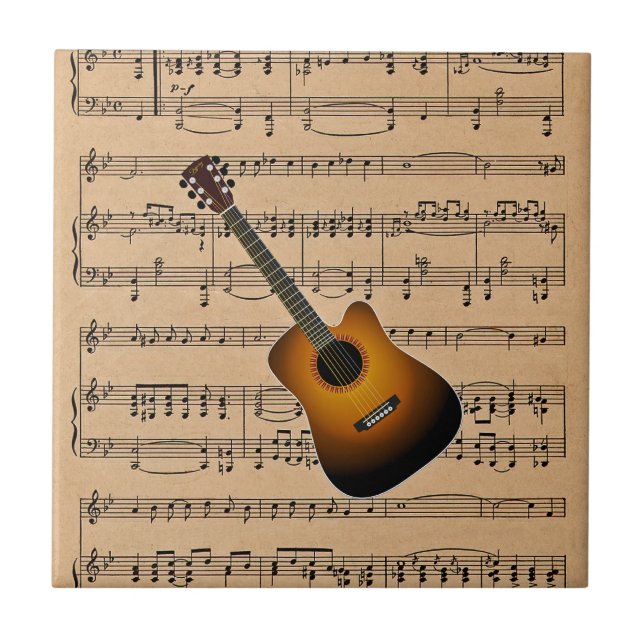Acoustic Guitar With Sheet Music Background Tile (Front)