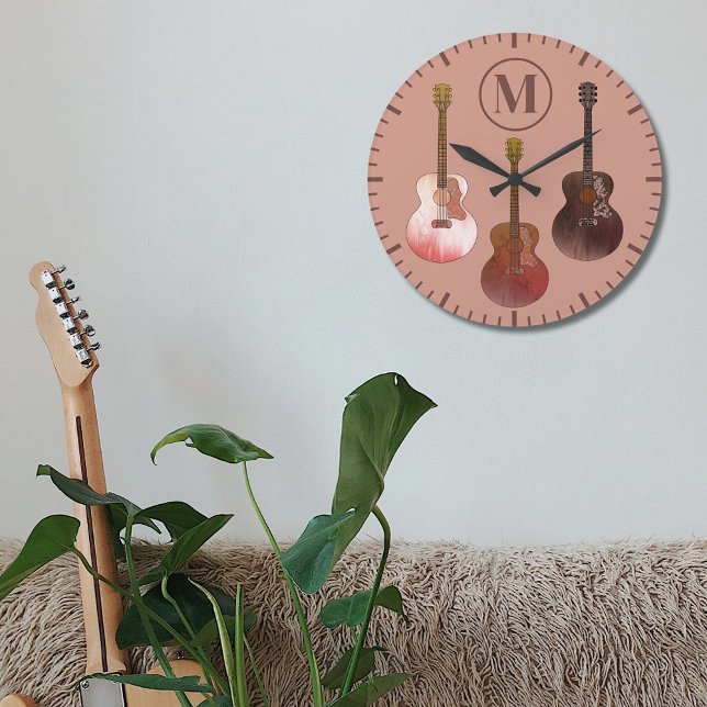 acoustic guitars personalised Rustic Brown Large Clock (Acoustic guitar custom monogram initial rustic brown wall clock for guitarist musicians)