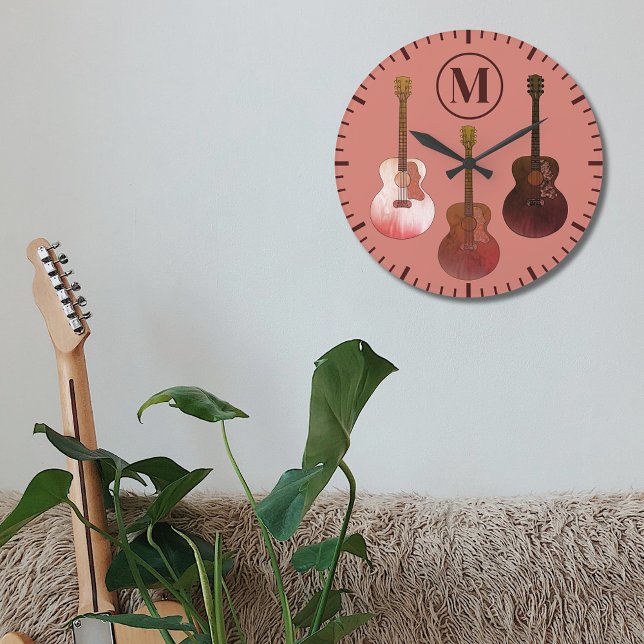 acoustic guitars personalised Rustic Large Clock (Rustic acoustic guitar monogram initial brown wall clock country music style illustration )
