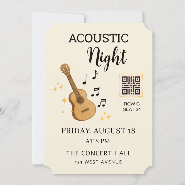 Acoustic Music Event Ticket Pass with QR Code Invitation (Front)