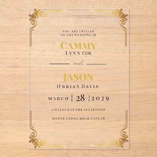 ACRILIC Invitation Wedding Gold Corner Frame  (Front)