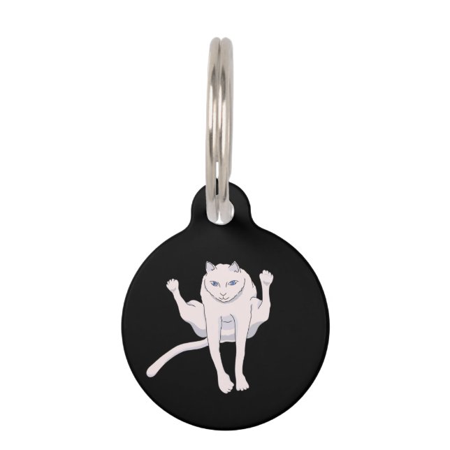 Acrobatically jumping white athlete cat pet tag (Front)