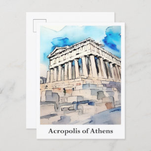 Acropolis of Athens Greece Watercolor Travel Postcard
