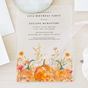 ACRYLIC 100TH Birthday Fall Pumpkin Wildflower Acrylic Invitations