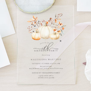 ACRYLIC 18th Birthday White Pumpkin Fall Leaves Invitations