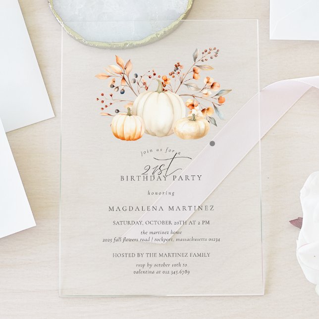 ACRYLIC 21st Birthday White Pumpkin Fall Leaves Acrylic Invitations (Creator Uploaded)