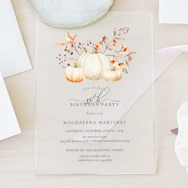 ACRYLIC 35th Birthday White Pumpkin Fall Leaves Invitations (Creator Uploaded)