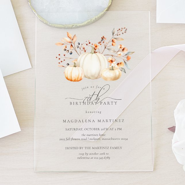 ACRYLIC 70th Birthday White Pumpkin Fall Leaves Invitations (Creator Uploaded)