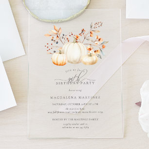 ACRYLIC 95th Birthday White Pumpkin Fall Leaves Invitations