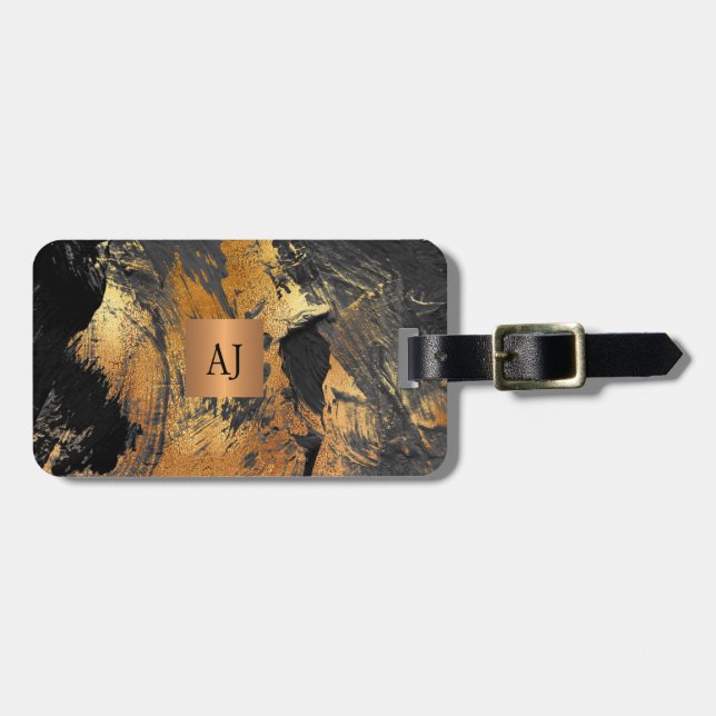 Acrylic abstract painting copper black monogrammed luggage tag (Front Horizontal)