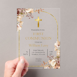 Acrylic Autumn floral boho first communion Invitations