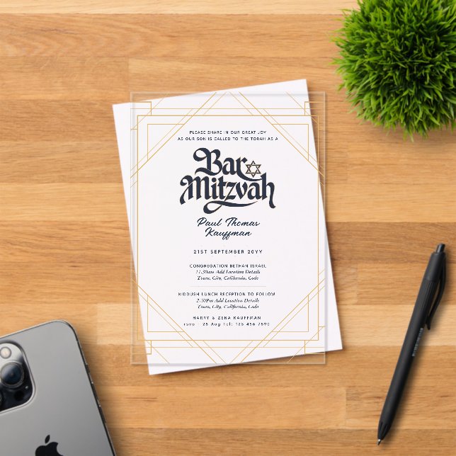 Acrylic BAR MITZVAH Navy Gold Luxury Minimalist Invitations (Insitu (Invitation Card))