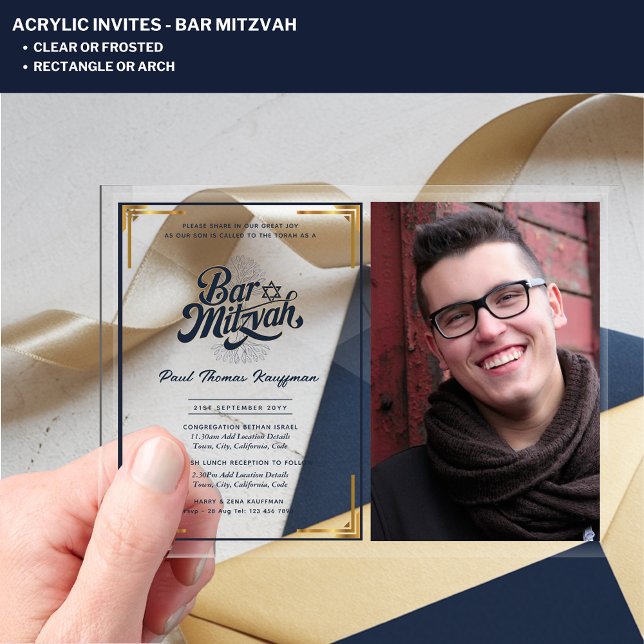 ACRYLIC BAR MITZVAH Photo Blue Gold Elegant Acrylic Invitations (Creator Uploaded)