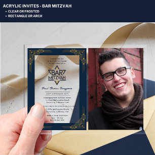 ACRYLIC BAR MITZVAH Photo Blue Gold Elegant Modern Invitations