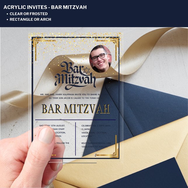 ACRYLIC BAR MITZVAH Photo Modern Navy Gold Classy Acrylic Invitations (Creator Uploaded)