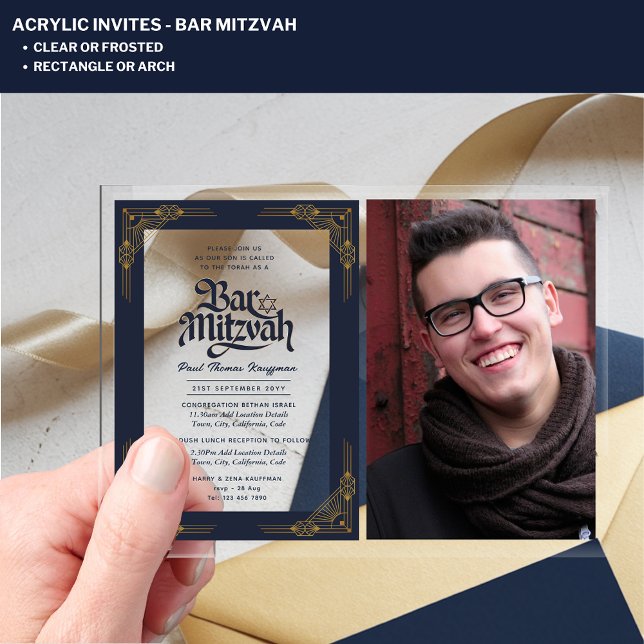 ACRYLIC BAR MITZVAH Photo Navy Gold Elegant Acrylic Invitations (Creator Uploaded)