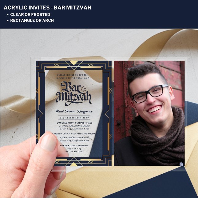 ACRYLIC BAR MITZVAH Photo Navy Gold Elegant Acrylic Invitations (Creator Uploaded)