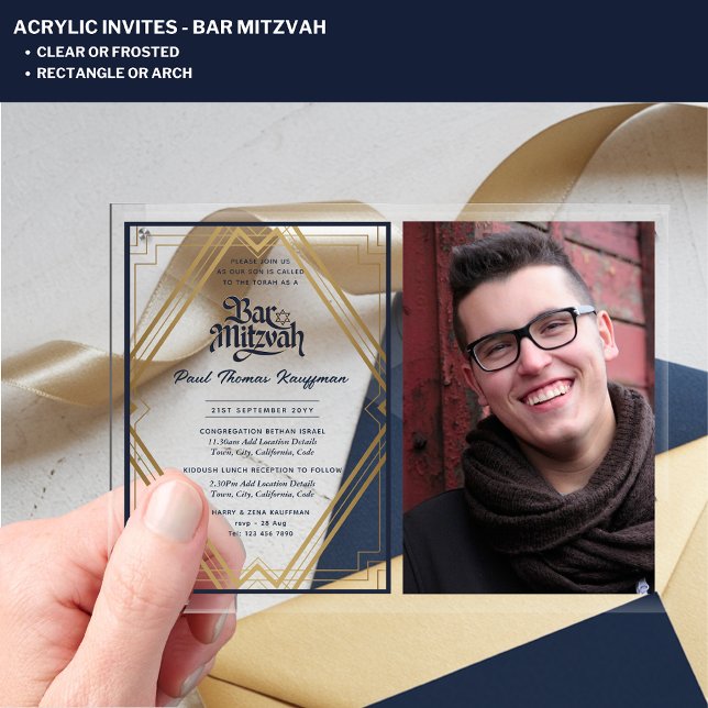 ACRYLIC BAR MITZVAH Photo Navy Gold Elegant Acrylic Invitations (Creator Uploaded)